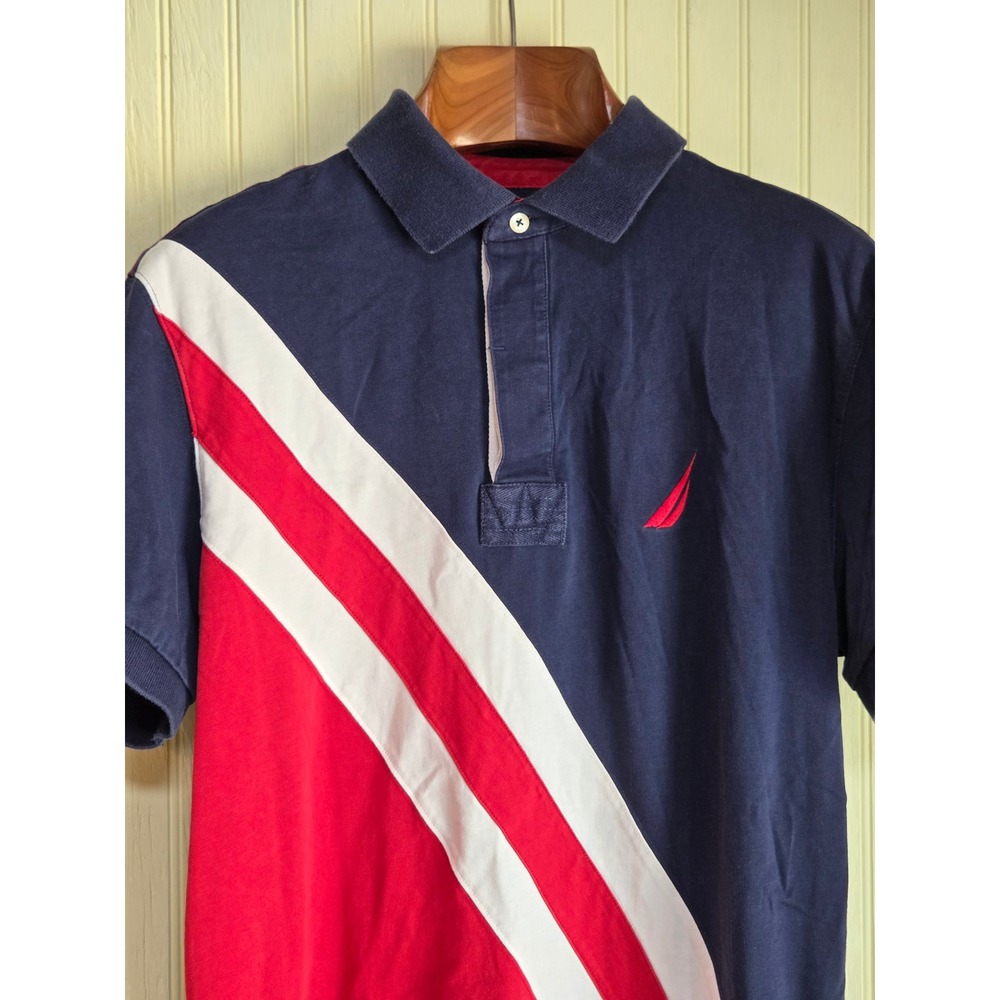 Nautica Mens USA 19-83 Polo Shirt Navy Blue Red White Colorblock Size Large